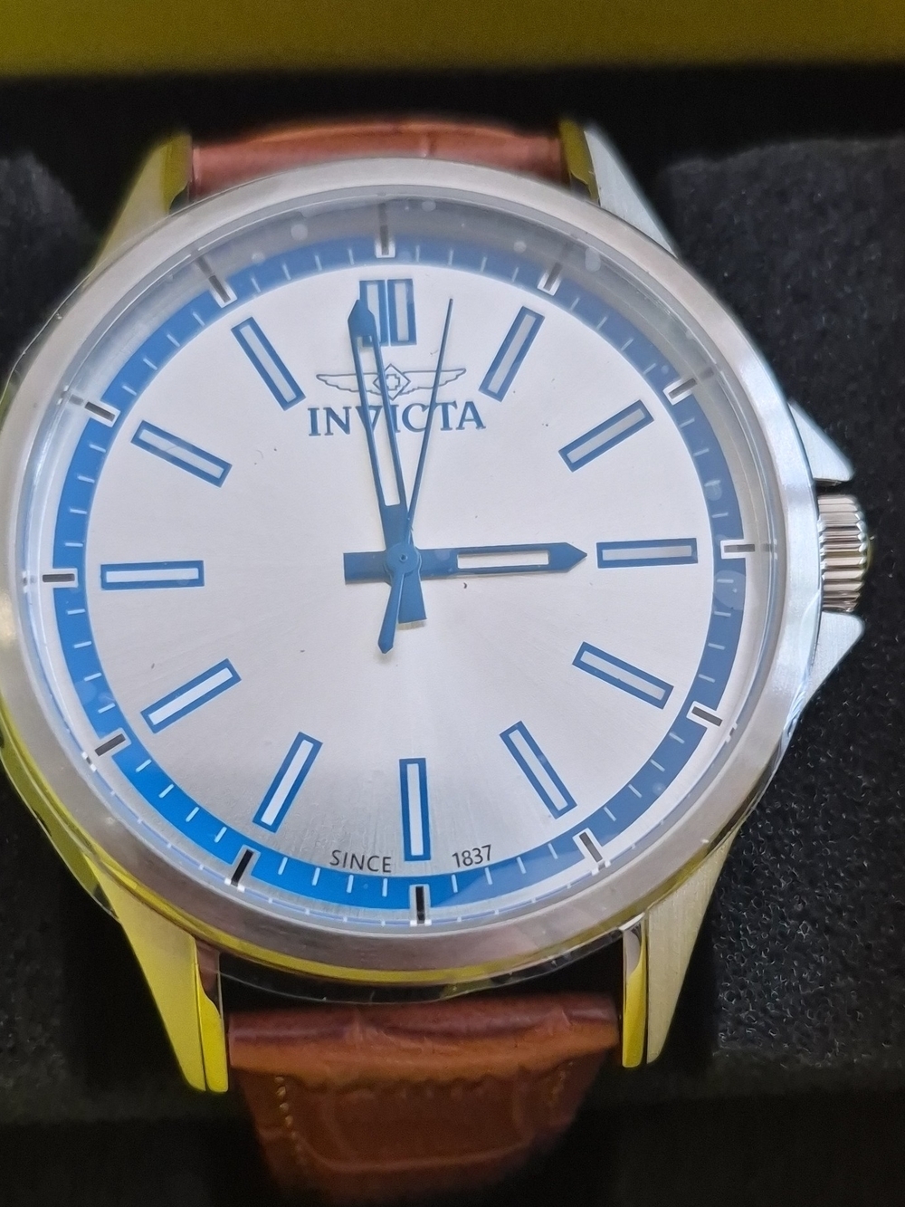 Invicta Silver Dial with Blue Accents Brown Leather Strap Watch